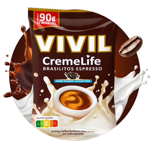 Navigation_Creme Life Brasilitos Espresso Bonbonbeutel Creme Life Brasilitos mit Kaffeebohne und Milchsplash