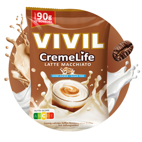 Navigation_Creme Life Latte Macchiato Bonbonbeutel Creme Life Latte Macchiato mit Kaffeebohne und Milchsplash