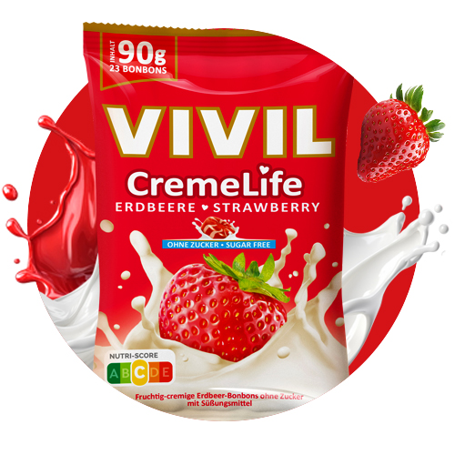 Navigation_Creme Life Erdbeere Bonbonbeutel Creme Life Erdbeere mit Milchsplash