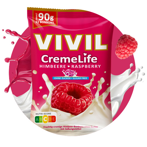 Navigation_Creme Life Himbeere Bonbonbeutel Creme Life Himbeere mit Milchsplash