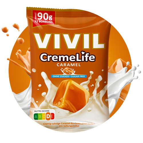 Navigation_Creme Life Caramel Bonbonbeutel Creme Life Caramel mit Milchsplash
