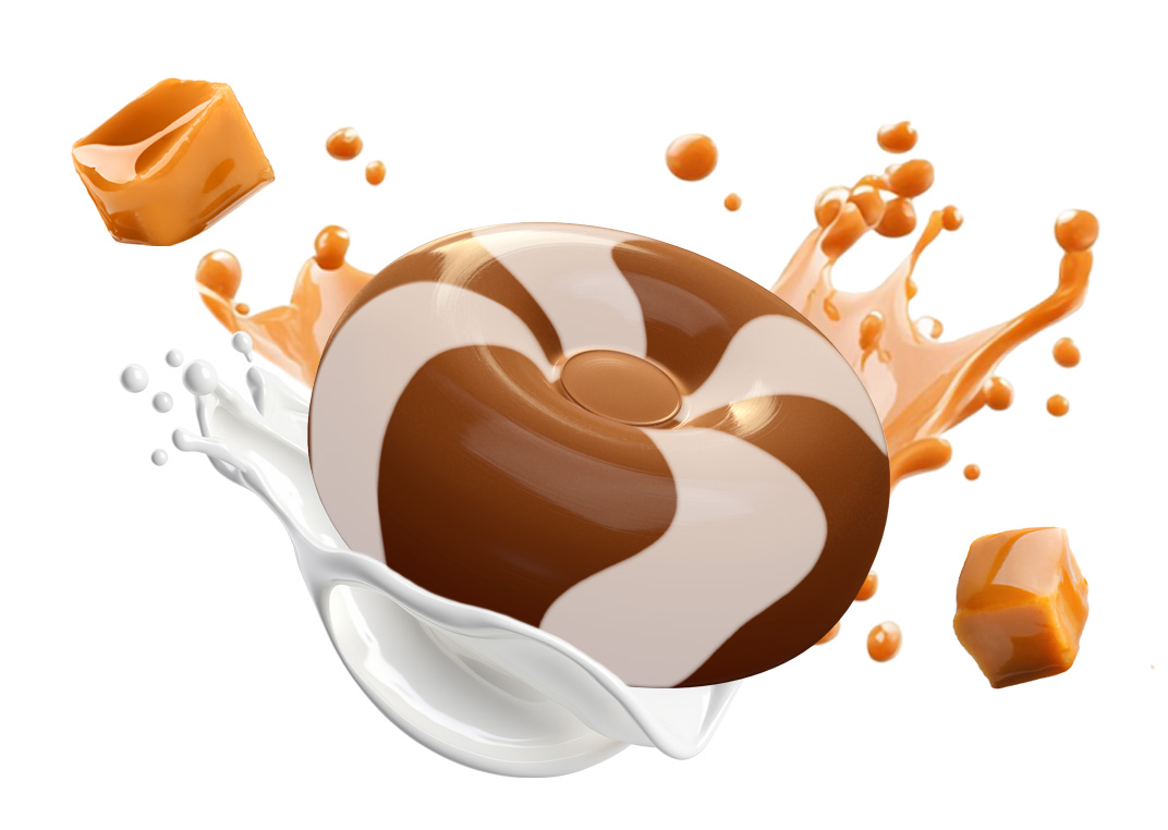 braun-weiß gestreiftes, rundes Sahnebonbon mit Karamellstücken und Milchsplash braun-weiß gestreiftes, rundes Sahnebonbon mit Karamellstücken und Milchsplash